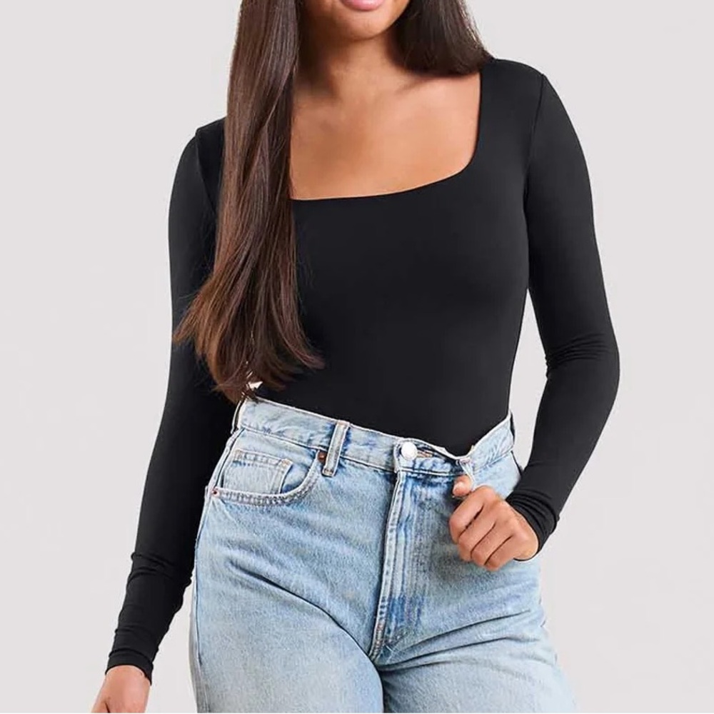 Nuuds‎ Long Sleeve Square Neck Bodysuit Black Size Small